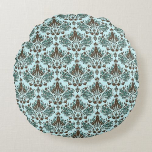 Brown  Blue Vintage Floral Pattern Design 2 Round Pillow