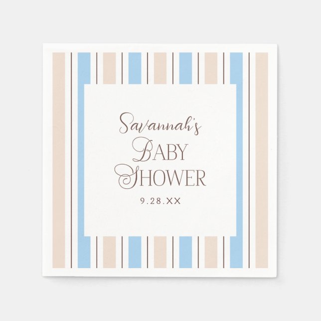 Brown Blue White Stripe Pattern Custom Baby Shower Napkins (Front)