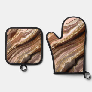 BROWN BLUSH GOLD AGATE LOOK ABSTRACTS OVEN MITT & POT HOLDER SET