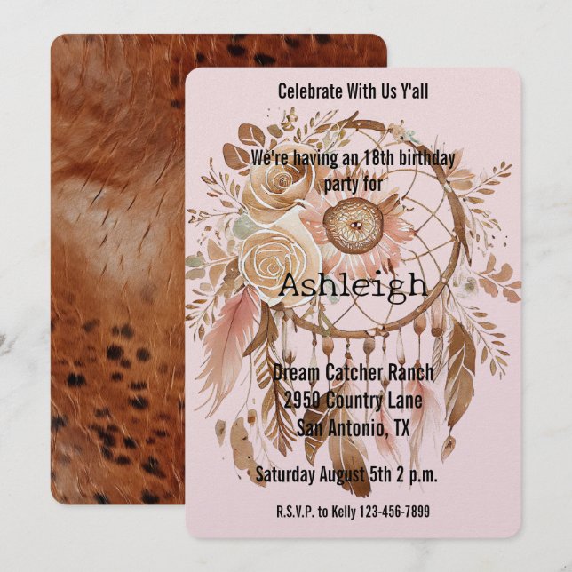 Brown Blush Pink Floral Dream Catcher Birthday Invitation (Front/Back)