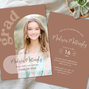 Brown Boho Arch Graduation Party Photo Invitation