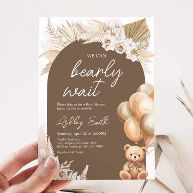 Brown Boho Bear Balloon Baby Shower Invitation (Brown Balloons Baby Shower Invitation)