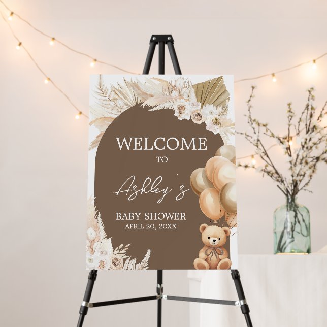 Brown Boho Bear Balloon Baby Shower Welcome Sign (In Situ (Stand))