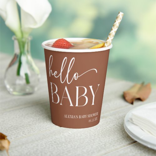 Brown Boho Bohemian Hello Baby Baby Shower Paper Cups