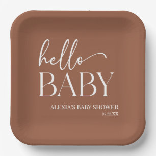 Brown Boho Bohemian Hello Baby Baby Shower Paper Plates
