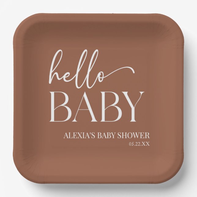 Brown Boho Bohemian Hello Baby Baby Shower Paper Plates (Front)