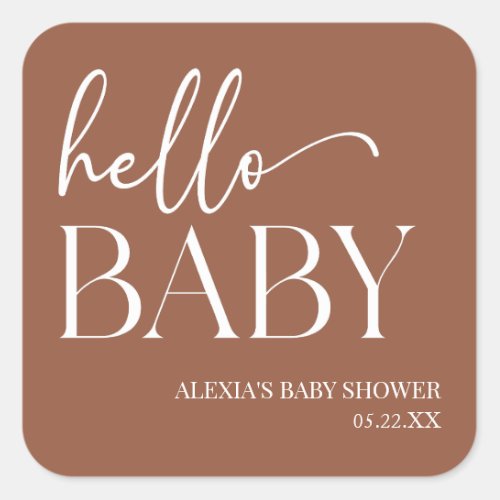 Brown Boho Bohemian Hello Baby Baby Shower Square Sticker