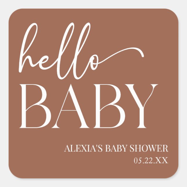 Brown Boho Bohemian Hello Baby Baby Shower Square Sticker (Front)