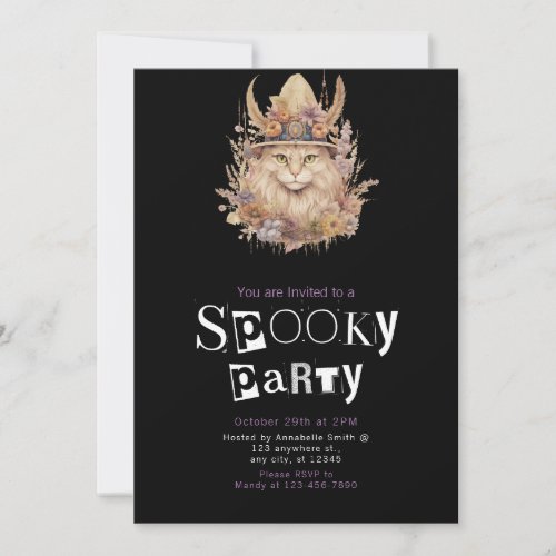 Brown Boho Cat Floral Foliage Halloween Party Invitation