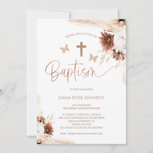 Brown Boho Floral And Butterflies Baptism Invitation