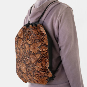 Brown Boho Floral Drawstring Bag