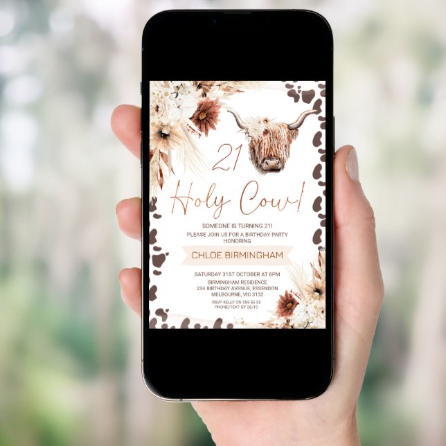 Brown Boho Floral Holy Cow Highland 21st Birthday  Invitation (Front Digital)