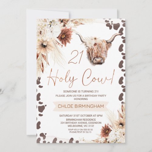 Brown Boho Floral Holy Cow Highland 21st Birthday  Invitation