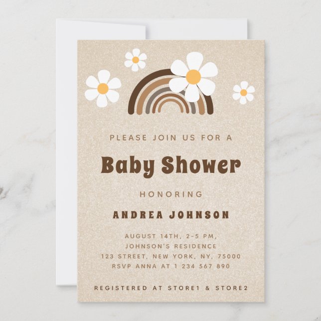 Brown Boho Rainbow & Daisy Floral Sand Baby Shower Invitation (Front)