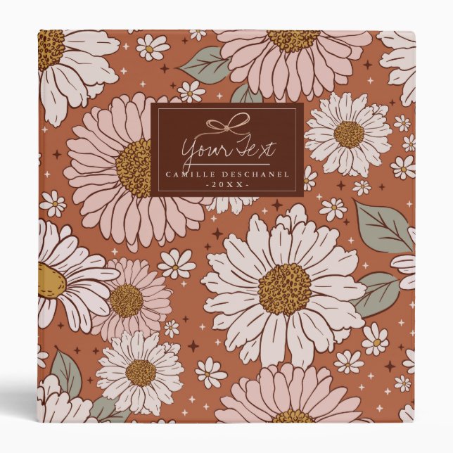Brown Boho Retro Floral Print Custom 3 Ring Binder (Front)