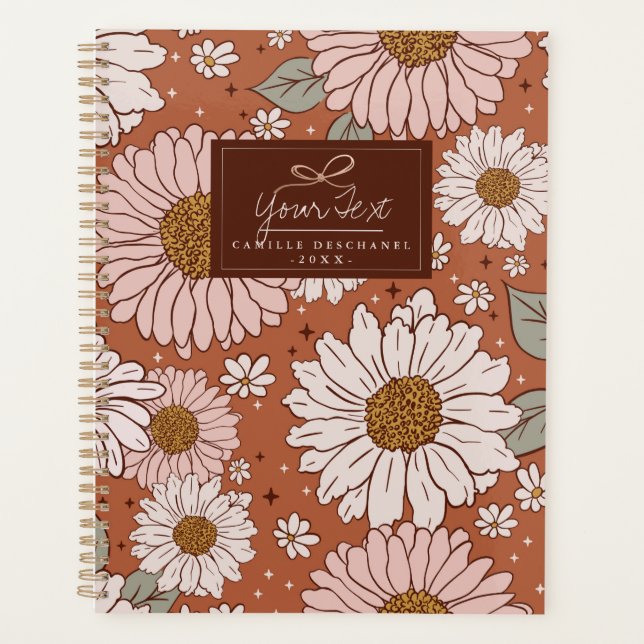 Brown Boho Retro Floral Print Personalized Planner (Front)