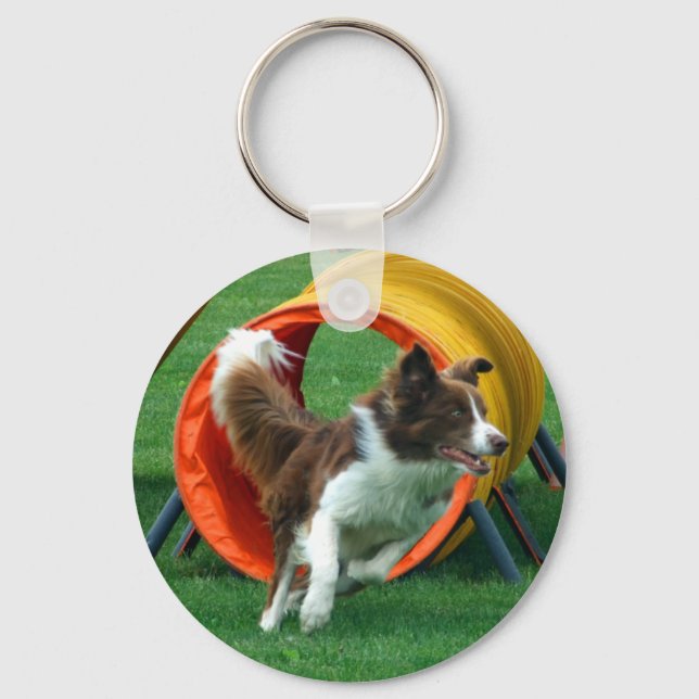 Brown Border Collie Agility Tunnel Keychain (Front)