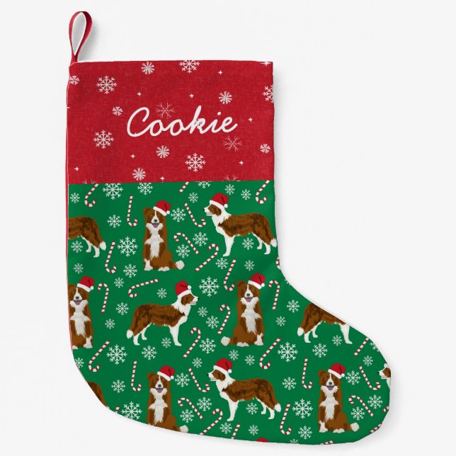Brown Border Collie Custom Dog Name Small Christmas Stocking (Front)