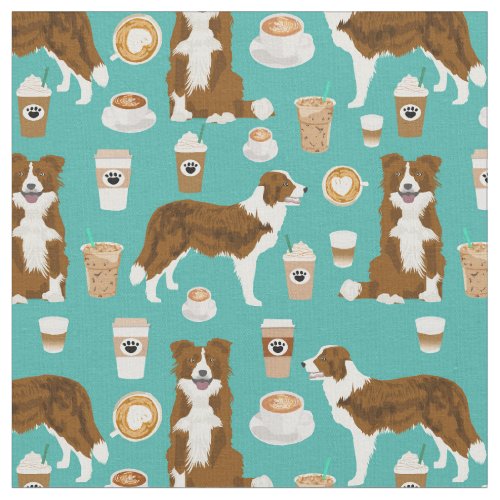 Brown border collie dog coffee lover turquoise fabric