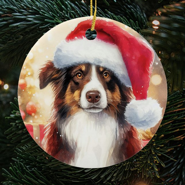 Brown Border Collie Santa Hat Christmas Ceramic Ornament (Creator Uploaded)