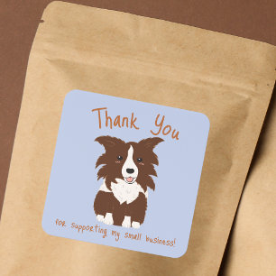 Brown Border Collie Thank You Blue Small Business Square Sticker
