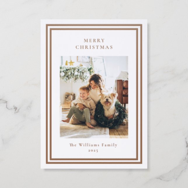 Brown Border Modern Minimalist Christmas Letterpress Photo Cards (Front)