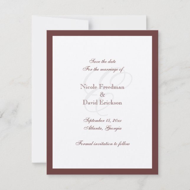 Brown border monogram wedding announcement card (Front)