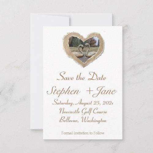 Brown border Swan in Heart Save the Date Card