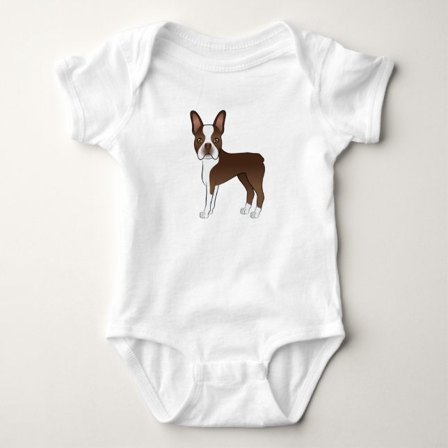 Brown Boston Terrier Adorable Cartoon Dog Design Baby Bodysuit (Front)