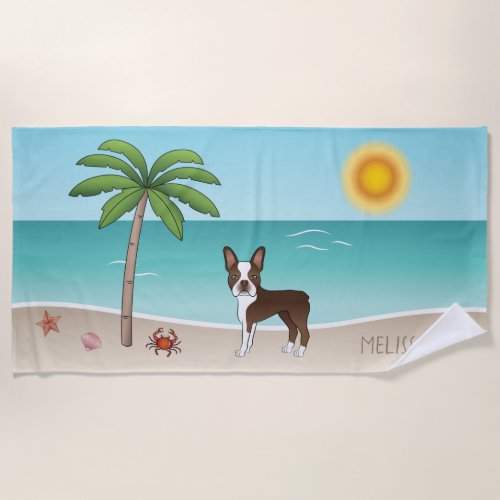Brown Boston Terrier At A Tropical Summer Beach _  Beach Towel