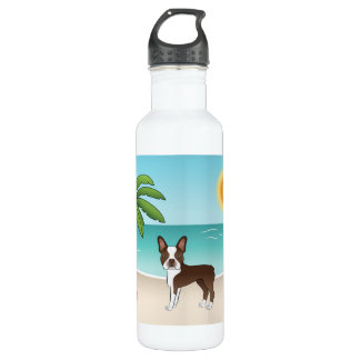 Brown Boston Terrier At A Tropical Summer Beach Stainless Steel Water Bottle