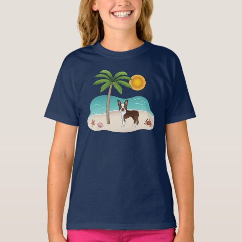 Brown Boston Terrier At A Tropical Summer Beach T_Shirt