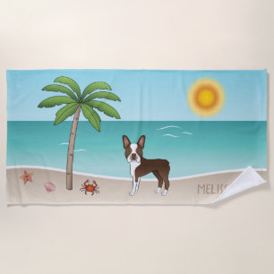 Brown Boston Terrier At A Tropical Summer Beach -  Towel