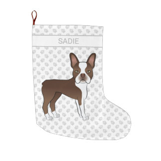 Brown Boston Terrier Cartoon Dog &amp; Custom Name Large Christmas Stocking
