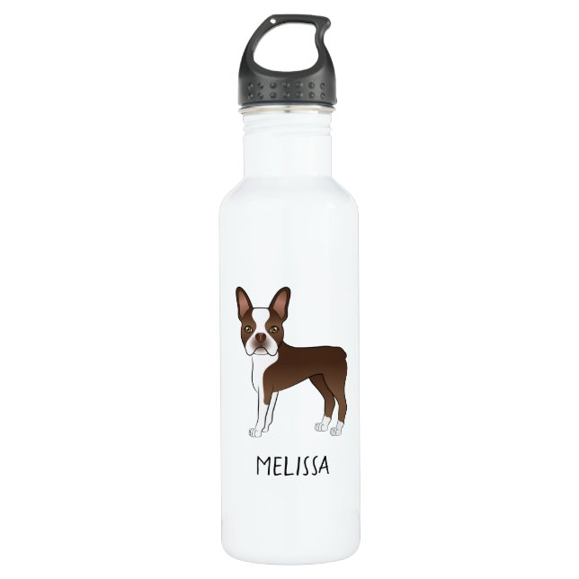 Brown Boston Terrier Cartoon Dog & Custom Name Stainless Steel Water Bottle (Front)