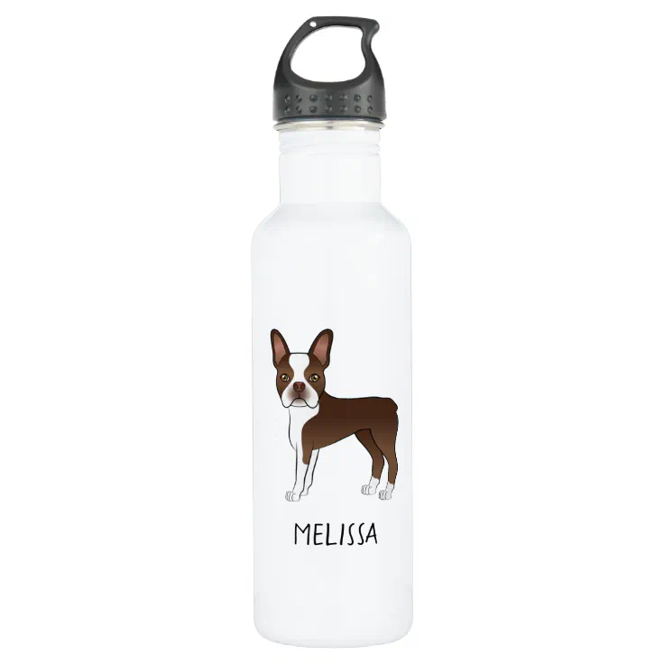 Brown Boston Terrier Cartoon Dog & Custom Name Stainless Steel Water Bottle  | Zazzle