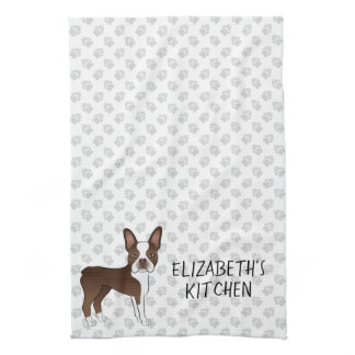 Brown Boston Terrier Cartoon Dog & Custom Text Kitchen Towel