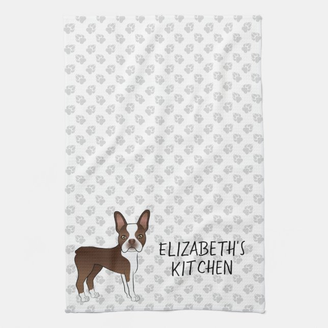 Brown Boston Terrier Cartoon Dog & Custom Text Kitchen Towel (Vertical)