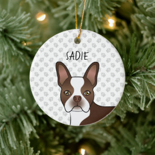Brown Boston Terrier Cartoon Dog Head & Dog's Name Ceramic Ornament
