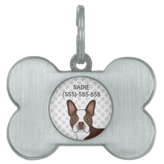 Brown Boston Terrier Cartoon Dog Head &amp; Paws Pet ID Tag