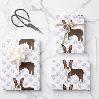 Brown Boston Terrier Cartoon Dog Pattern &amp; Paws Wrapping Paper Sheets