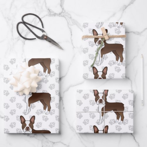 Brown Boston Terrier Cartoon Dog Pattern  Paws Wrapping Paper Sheets