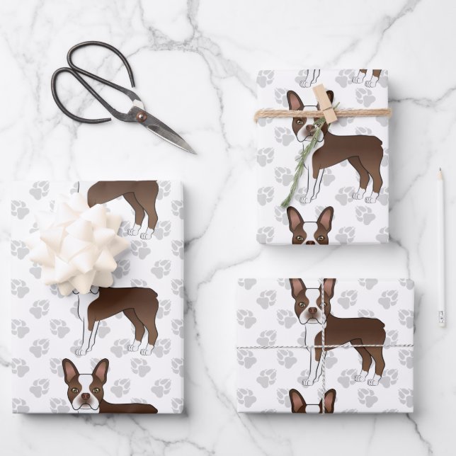 Brown Boston Terrier Cartoon Dog Pattern & Paws Wrapping Paper Sheets (Front)