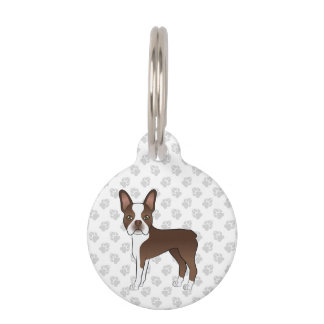 Brown Boston Terrier Cartoon Dog With Pet's Info Pet ID Tag