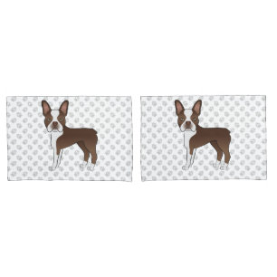 Brown Boston Terrier Cartoon Dogs & Gray Paws Pillow Case