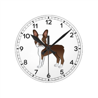 Brown Boston Terrier Cute Cartoon Dog Drawing Round Clock