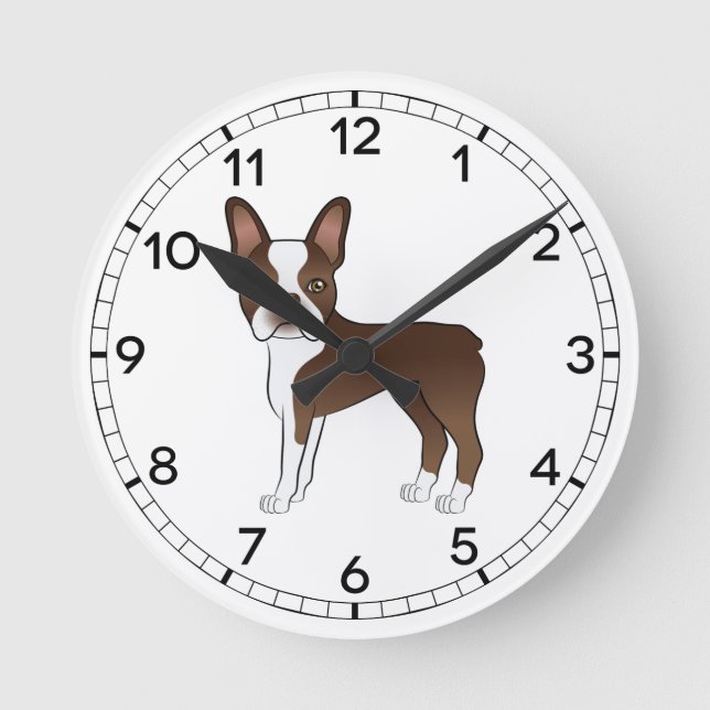 Brown Boston Terrier Cute Cartoon Dog Drawing Round Clock (Front)