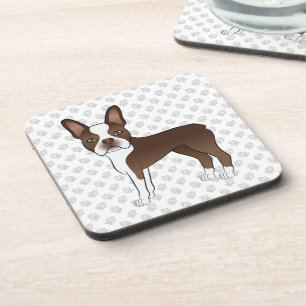 Brown Boston Terrier Cute Cartoon Dog & Gray Paws Beverage Coaster