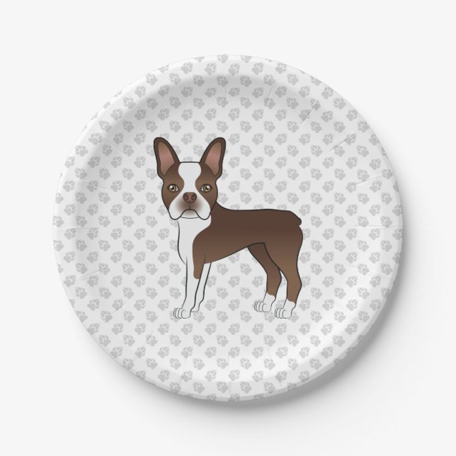 Brown Boston Terrier Cute Cartoon Dog & Gray Paws Paper Plates (Front)