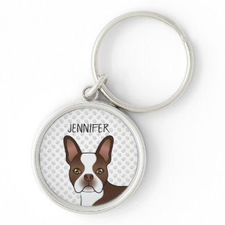 Brown Boston Terrier Cute Cartoon Dog Head &amp; Name Keychain
